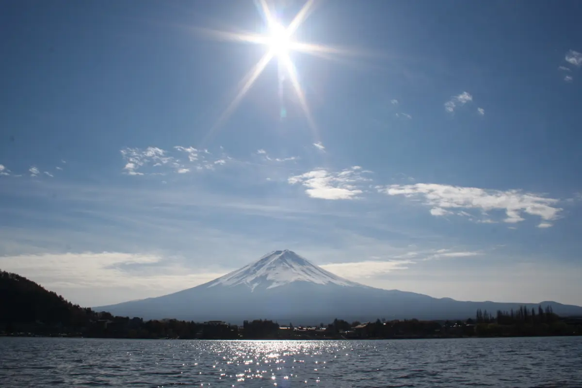 Snow-capped Mount Fuji beyond the water of Lake Kawaguchi, with the sun above the summit and the lakeside town below